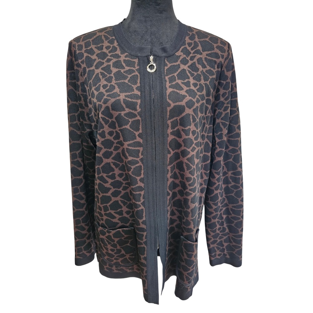 Misook Zip Front Knit Cardigan Womens XL Brown Black Giraffe Print Excellent